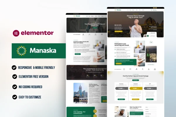 Manaska – Hajj & Umrah Tour Agency WordPress Elementor Template Kit