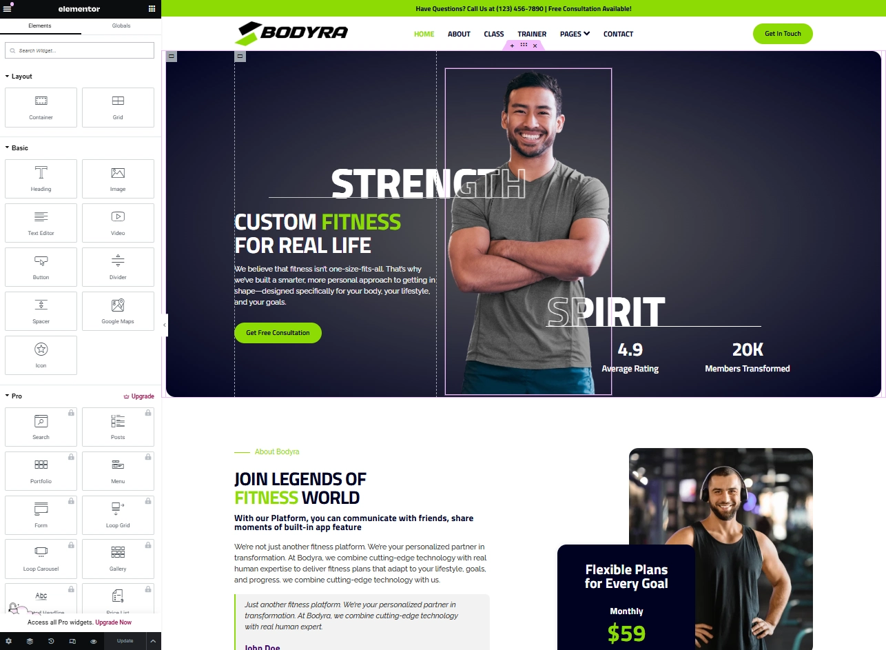 Bodyra – Personal Trainer & Fitness Elementor Template Kit