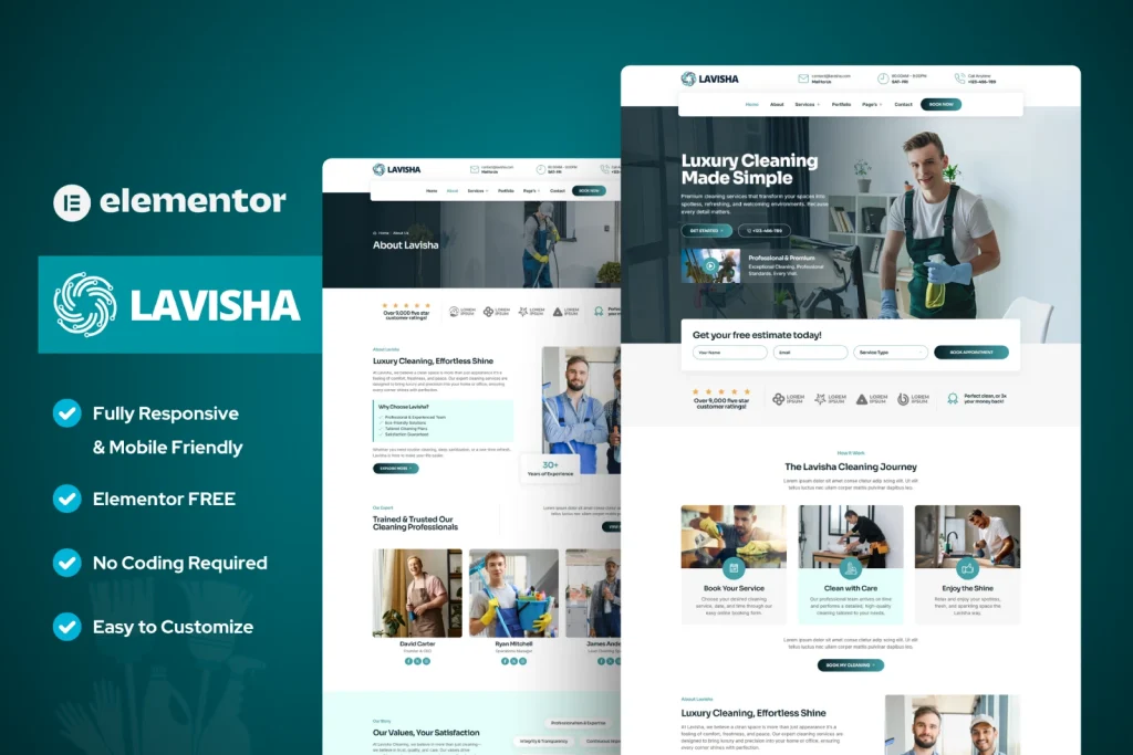 Lavisha – Best Cleaning Services WordPress Elementor Template Kit