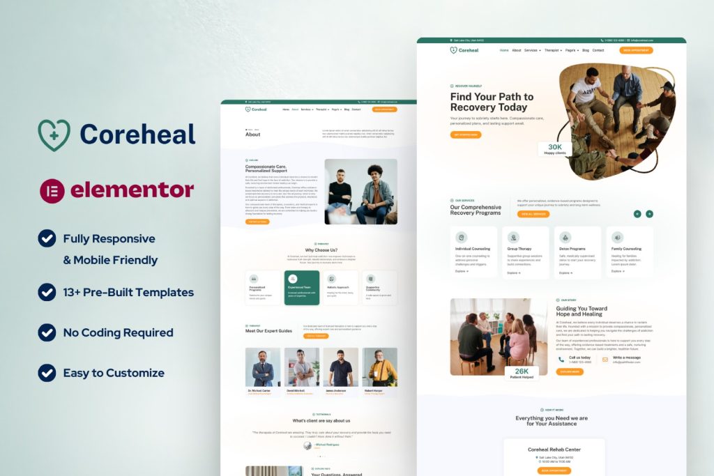 Coreheal - Best Addiction Recovery & Rehabilitation Center Elementor Template Kit