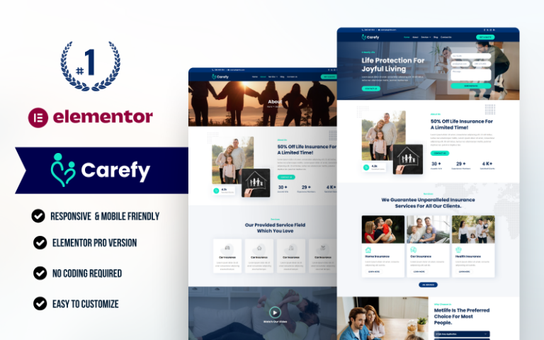 Carefy Life Insurance WordPress Elementor Template kit