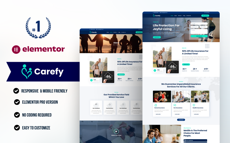 Carefy Life Insurance WordPress Elementor Template kit