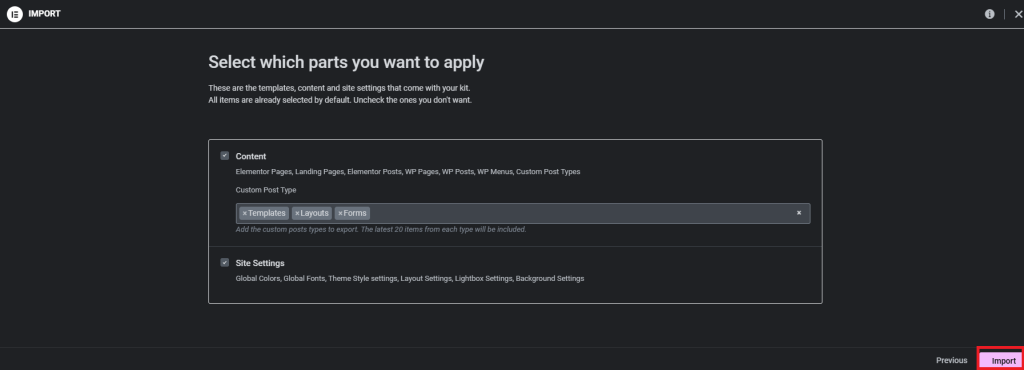 make sure Content and site Settings are selected 